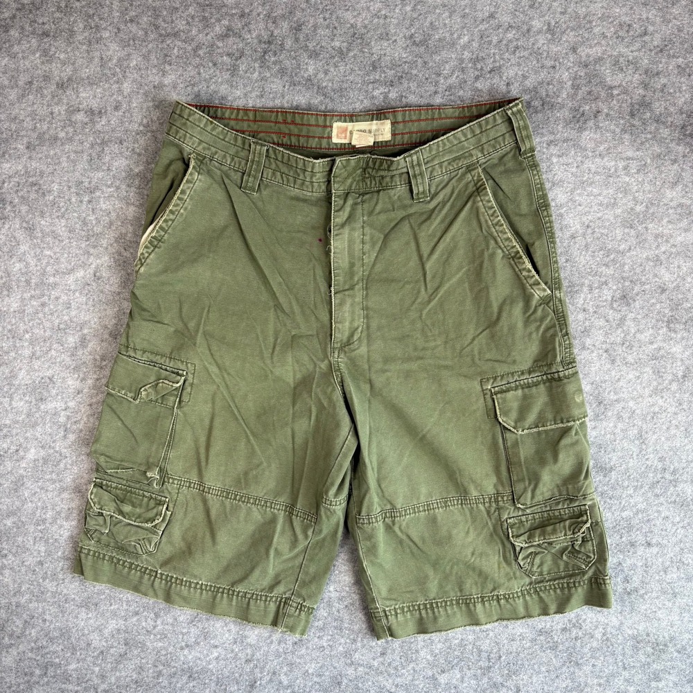 Cargo Supply Co Mens 32 Ripstop Cargo Shorts Olive Green Distressed Grunge